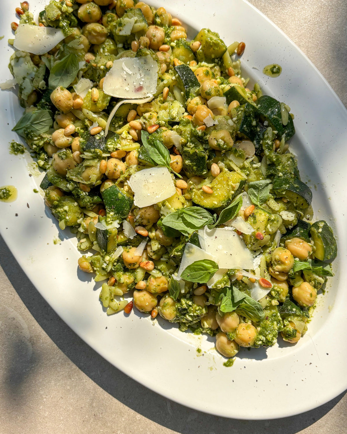 Chickpea, Courgette + Pesto Orzo Salad