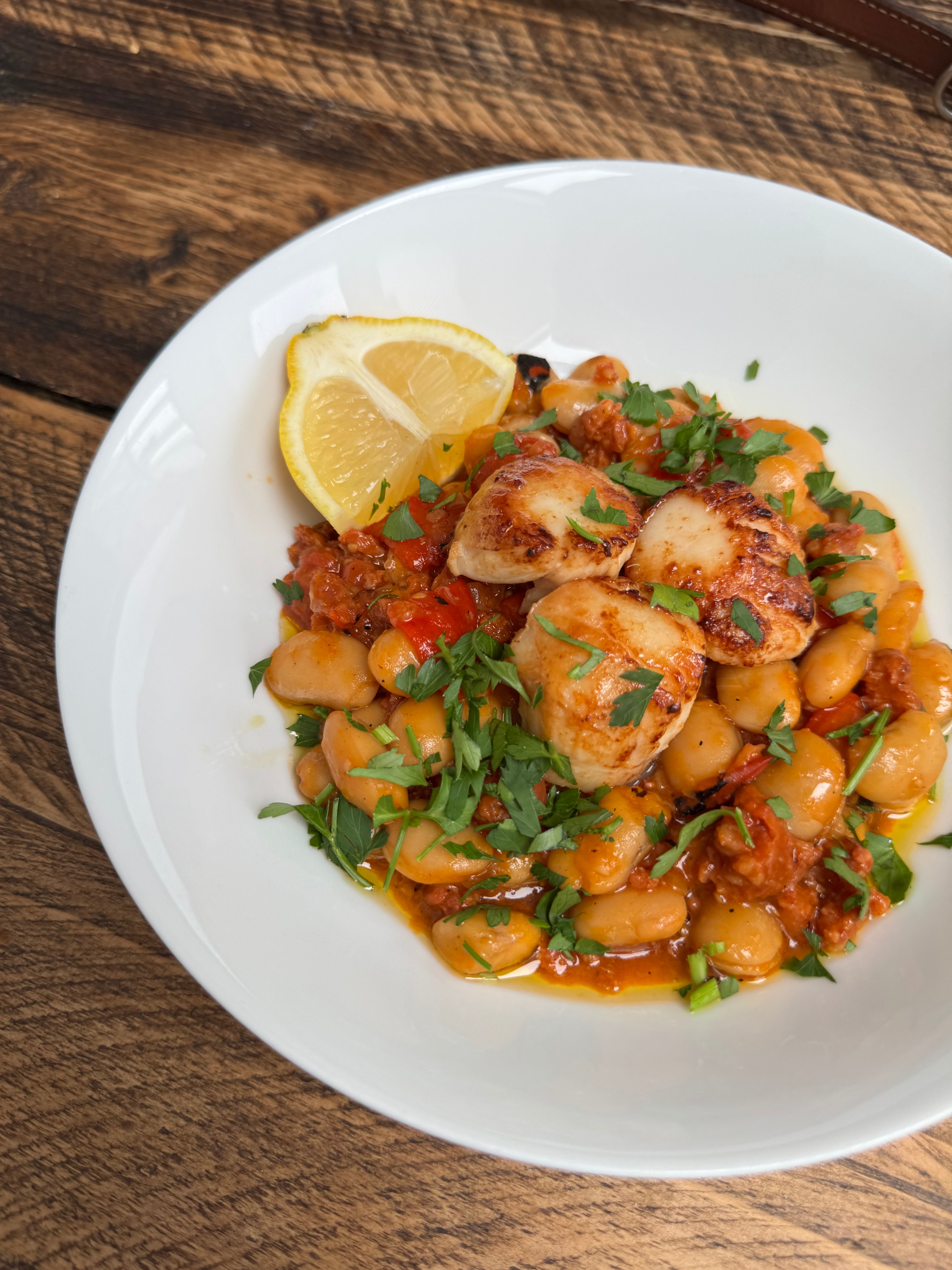 Smoky Butter Beans with Chorizo + Seared Scallops