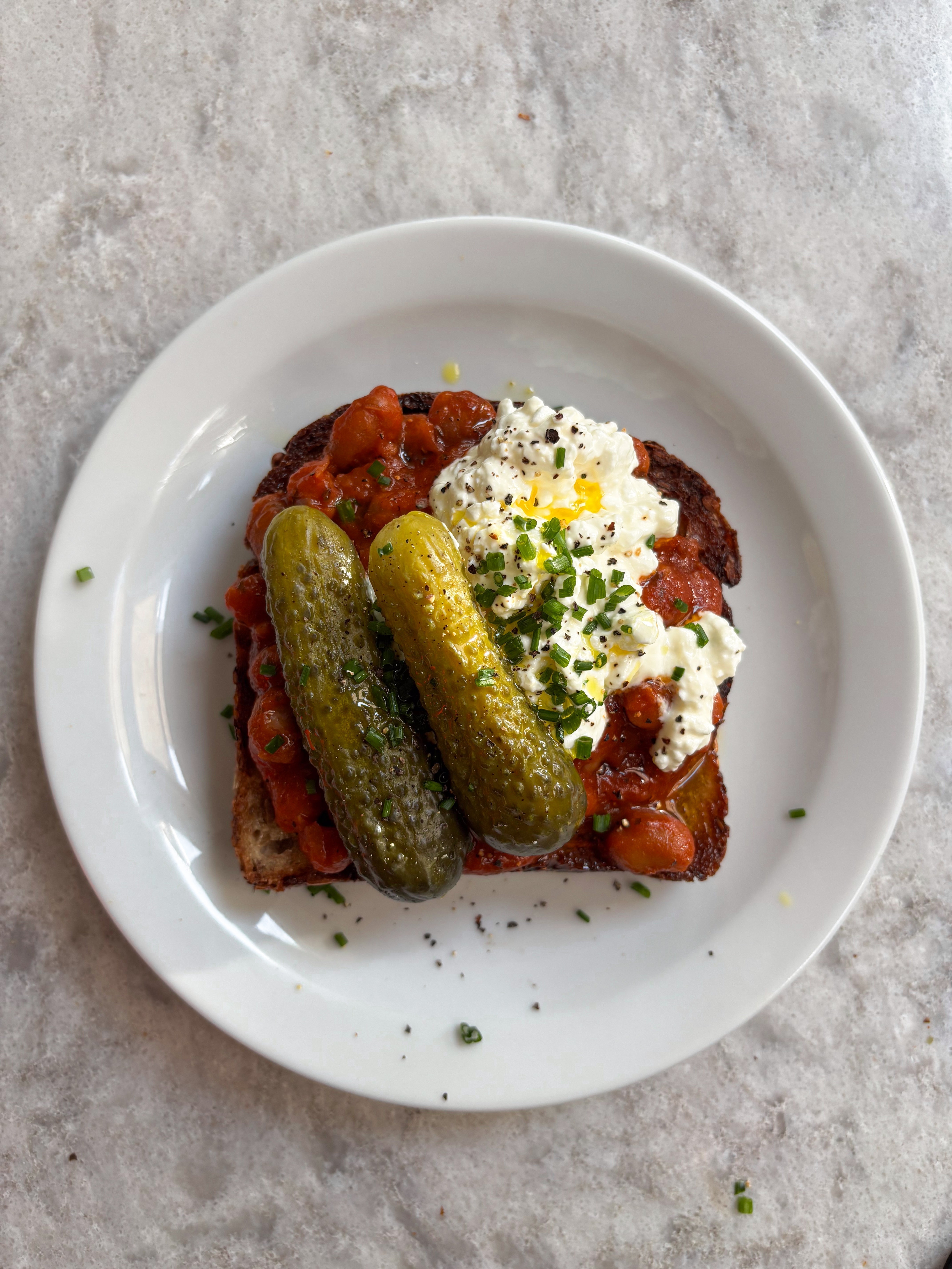 Rich Tomato Baked Beans with Creamy Cottage Cheese + Tangy Pickles